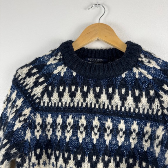 Scotch Soda Fair Isle Knit Crewneck Sweater Blue Cream Wool Blend Size S - Picture 10 of 16